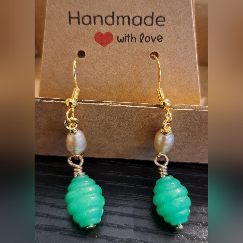 Handcrafted Green Adventurine & Champagne FW Pearl Dangle 14K Plated Earrings